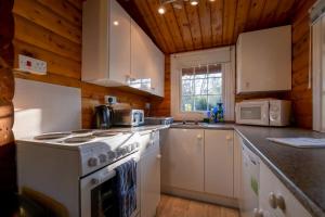 特兹西尼德Cosy Log Cabin Snowdonia Eryri的一间厨房,配有白色家电和木制天花板