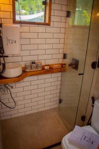 伊比乌纳T24 Tinyhouse Container的带淋浴、盥洗盆和卫生间的浴室