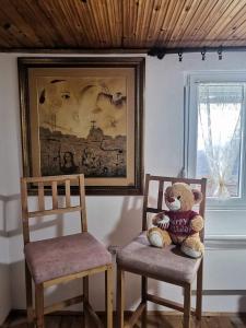 莫伊科瓦茨Gazdinstvo Vujičić的两把椅子旁边坐着泰迪熊