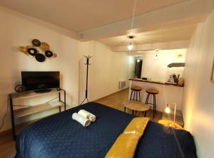 富瓦Le Charme - Focalimmo (Centre)的一间带蓝色床的卧室和一间厨房
