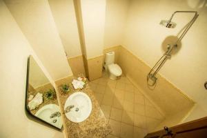 巴色Soubundith Hotel的一间带水槽、卫生间和镜子的浴室