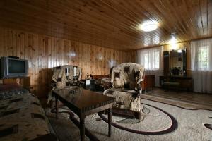 茨卡尔图博Nika house的客厅配有两把椅子、一张桌子和一台电视