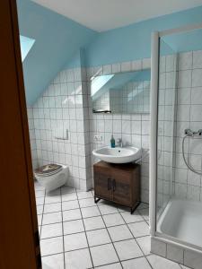 梅德巴赫Ferienwohnung Umme' Ecke的一间带水槽、浴缸和卫生间的浴室