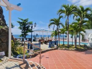 圣胡安Villa Apolonia Resort的拥有游泳池、棕榈树和海洋的度假胜地