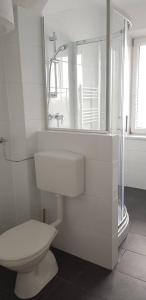 维也纳新城Top Appartement für Business-Wohnen-Urlaub的白色的浴室设有卫生间和镜子