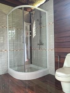 俊穆岛Kohjum Freedom Resort的一间带卫生间的浴室内的玻璃淋浴间