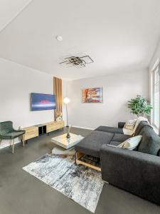 阿伦斯堡Modern living: Hamburg & Baltic Sea within 30 min的带沙发和平面电视的客厅