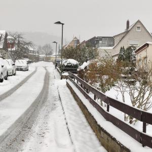 巴特哈尔茨堡Gästehaus Familie Rinke的一条雪覆盖的街道,汽车停泊