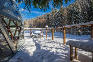 奥特朗Dôme panoramique tout confort au cœur du Vercors的雪覆盖的甲板上设有围栏上的桌椅