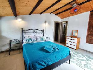 蓝海湾Mermaid Cove的一间卧室配有一张带蓝色棉被的床