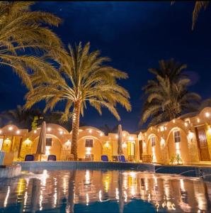 锡瓦Siwa Palace Lodge的棕榈树度假村和夜间游泳池
