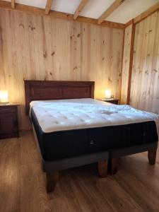 萨韦德拉港Cabaña Alto Naupe的一间卧室配有一张带木墙和木地板的床。