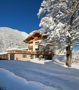 莱希河畔魏森巴赫Ferienwohnungen LODGE-B的树旁的雪覆盖的建筑