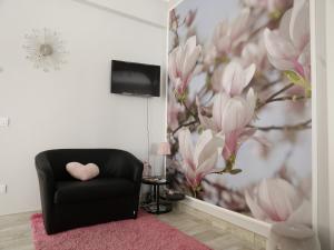 菲乌米奇诺菲乌米奇诺套房酒店的客厅配有黑椅子和粉红色的鲜花