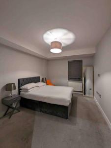 布伦特伍德Elegant Central Brentwood Flat的一间卧室配有一张大床和一盏灯