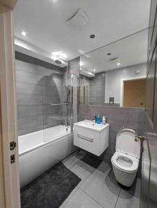 布伦特伍德Elegant Central Brentwood Flat的浴室配有卫生间、淋浴和盥洗盆。