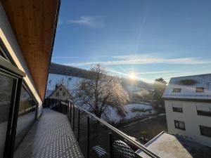 伊兹林根※Luxus Loft mit Boxspringbetten und Heimkino ※的阳台享有雪覆盖的山脉美景。