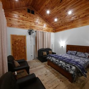 BālākotThe Kunhar Beach Cottage By Country Club Balakot的一间卧室,卧室内配有一张床和椅子