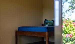 南圣胡安Hush Maderas的一张位于带蓝色床单和窗户的客房的床位