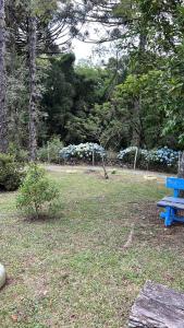 格拉玛多Cabanas Brocker的绿树成荫的公园里的一个蓝色长椅