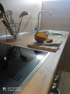 弗拉西克Druga priča的厨房柜台设有水槽和切板上的苹果