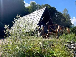 马拉亚Wild Cabin的一座大建筑,在田野上有金属屋顶