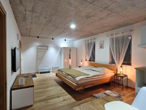 马蒂希霍芬Hajdar的一间卧室配有一张床,铺有木地板
