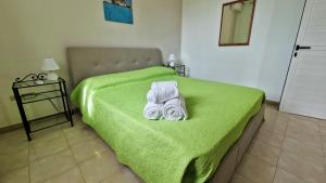 兰佩杜萨Case Vacanze Porto Vecchio的一间卧室配有绿床和毛巾