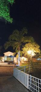 皮塔利托Turismo Colombia Pitalito的棕榈树在晚上在建筑物前