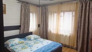 亚列姆切Відпочинок у Євгена та Оксани的一间卧室配有床和带窗帘的窗户