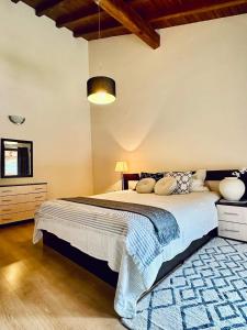 拉兹洛格Spacious penthouse chalet apartment in Pirin Golf and Country Club的一间卧室配有一张蓝色地毯的大床