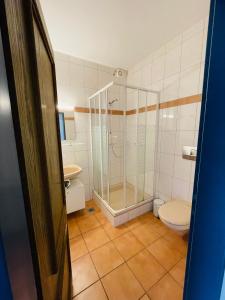 凯沃拉尔Monteurzimmer in Kevelaer的带淋浴、卫生间和盥洗盆的浴室