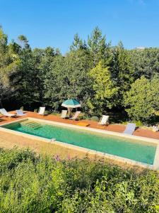 CondorcetMas Provençal en Drôme的一个带椅子和遮阳伞的游泳池