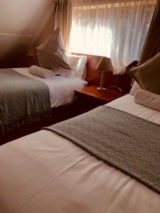 Khutsong Lodge的酒店客房设有两张床和窗户。