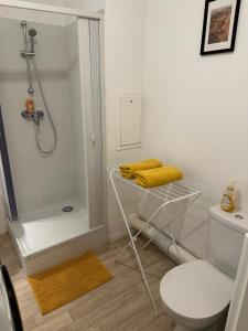 托尔西Paris- Disney - Parking privé !PKN!的带淋浴的浴室以及带黄色毛巾的卫生间。