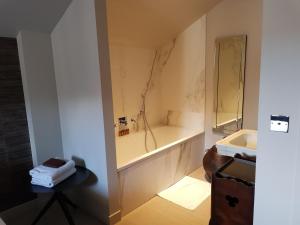 里昂chambre d'hôte Croix-Rousse的带浴缸和盥洗盆的浴室