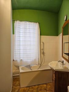 ÉvrangeLes chambres de Preisch的绿色浴室设有浴缸和水槽