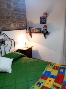 卡普拉科塔La tana delle coccinelle的一间卧室配有一张带绿色棉被的床