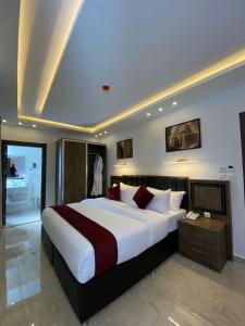 瓦迪穆萨Petra Bermudez Hotel的一间大卧室,配有一张大床和一间浴室