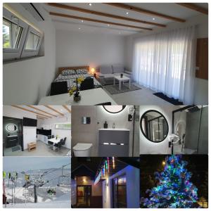 鲁特罗Willa Lawenda- Przytulny Domek的客厅和圣诞树的拼合物