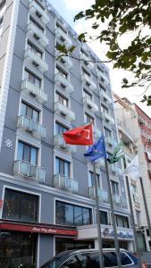 伊斯坦布尔星城酒店的前面有三面旗帜的建筑