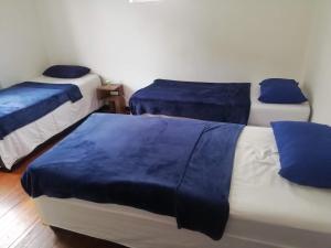 德班PHAKADEHOMES的客房内的三张床,配有蓝色床单