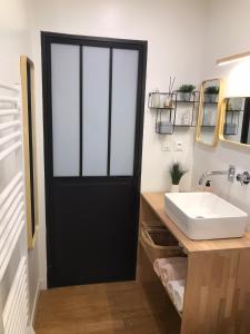 奥尔良LE JARDIN D'ALEXANDRE的浴室设有黑色的门和水槽。