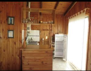 蓬塔乔罗斯Refugio Humboldt的厨房设有木墙、柜台和冰箱。