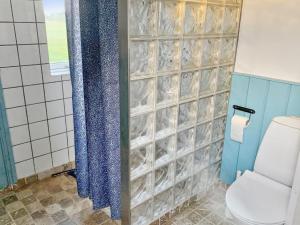 古兹耶姆Holiday Home Torbjörn - 2-5km from the sea in Bornholm by Interhome的带淋浴帘和卫生间的浴室