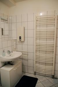 萨尔斯塔特Ostertor的白色的浴室设有水槽和淋浴。