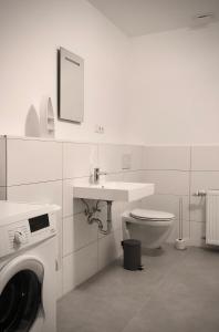 BraunshausenSchneiders Ferienwohnung 2的白色的浴室设有水槽和卫生间。