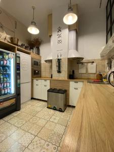 阿利坎特Hostel Numero Trece的厨房配有柜台和冰箱。