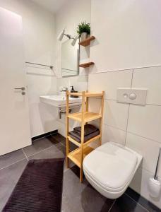 莱茵河畔凯尔Modernes Mini-Apartment in Kehl Kork的白色的浴室设有卫生间和水槽。