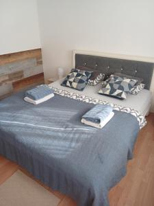亚伊采Sobe sa kupatilom Jajce的一间卧室配有一张大床,提供蓝色的床单和枕头